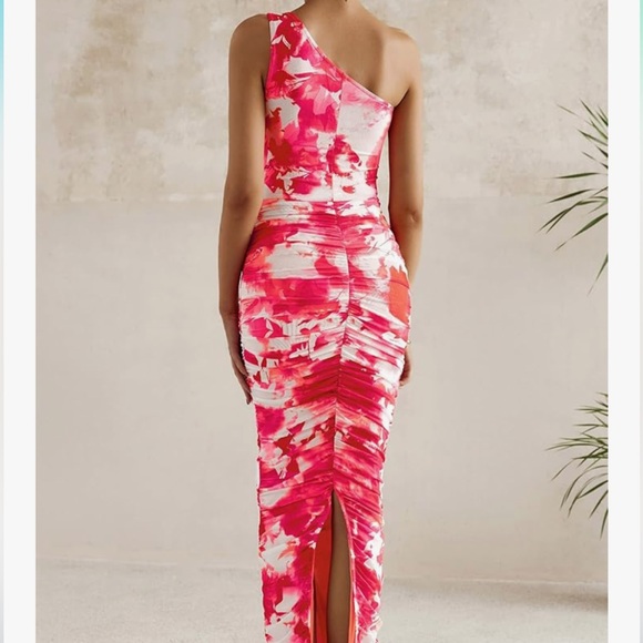 Fuschia Floral Ruched One Shoulder Dress - Picture 2 of 3